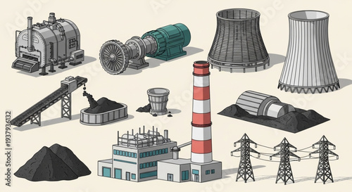 Industrial power plant equipment and components illustration.