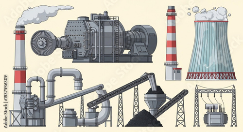 Industrial factory equipment and structures illustration.