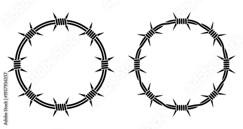Circular Barbed Wire Frame, Barbed Wire Circle Frame Vector, Black Round Thorn Border for Military Brand Badge, Geometric Organic Styles, Black Round Thorn Border