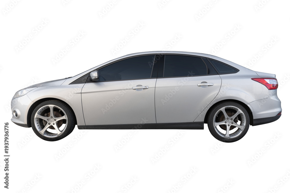 Obraz premium Silver sedan car side view isolated on white background