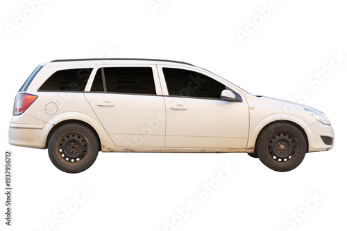 Old white station wagon with rust isolated on white background