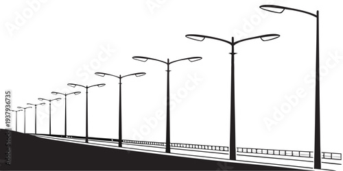 A row of streetlights standing tall on a road at night with a dark sky. Vector