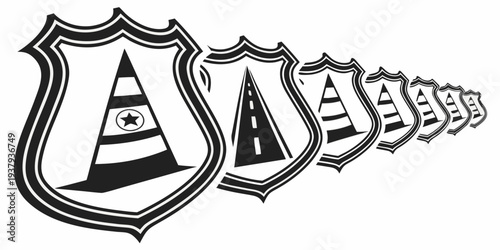 A series of shields with different designs and patterns, arranged in a sequence Vector