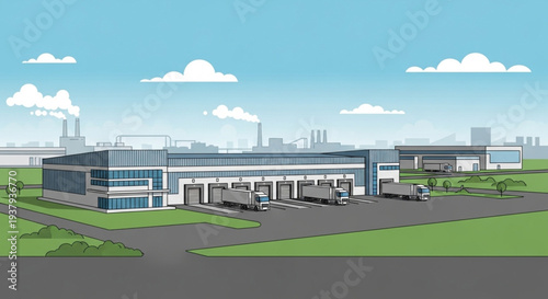 Modern industrial warehouse building with loading docks and trucks.