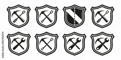 A collection of nine distinct symbols, each with unique shapes and designs, arranged in a three-by-three grid. Vector