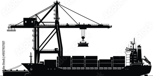 Container cargo ship under giant harbor crane silhouette, maritime port loading operations, global freight shipping logistics, industrial seaport transport infrastructure illustration isolated