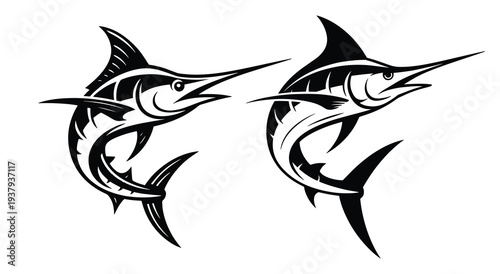 Jumping Marlin and Sailfish Silhouette, Dynamic Black and White Marlin Sailfish Jumping Silhouette, Billfish Mascot for Sportfishing, Powerful Billfish Marlin Sailfish Jumping