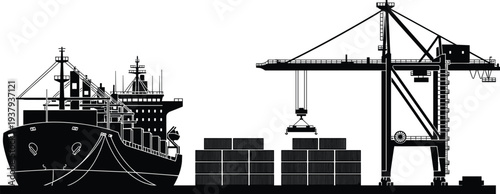 Container cargo ship docked at harbor with giant port crane loading containers, maritime freight logistics operations, global shipping industry seaport infrastructure silhouette