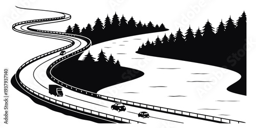 A winding road through a snowy forest with a car traveling on it Vector