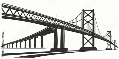 A large suspension bridge spanning over a body of water with vehicles crossing it. Vector