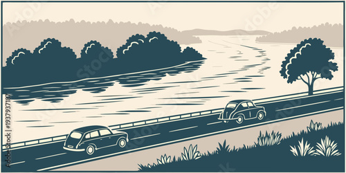 A serene landscape with a winding river and distant mountains under a cloudy sky Vector