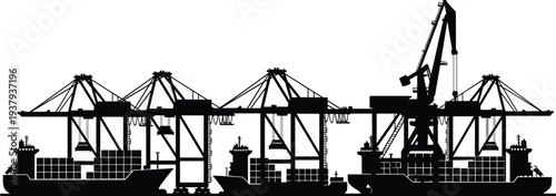 Container port terminal silhouette with cargo ships and towering gantry cranes loading freight, global shipping logistics, maritime trade industry skyline illustration black industrial panorama