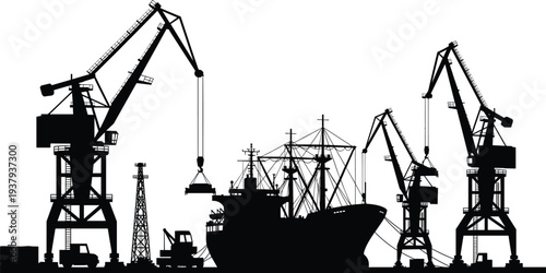 Industrial harbor silhouette with cargo ship and loading cranes, busy shipyard logistics terminal, maritime freight operations, global shipping trade infrastructure illustration isolated