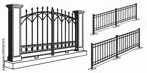 A decorative black metal fence with arched top and two side panels. Vector