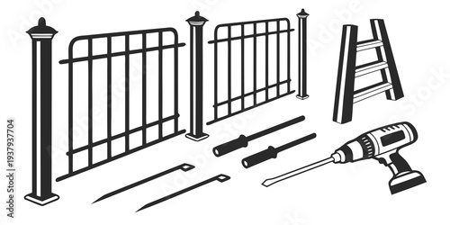 A variety of tools and materials used for constructing a metal fence. Vector