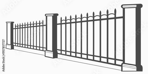 A detailed illustration of a tall, ornate metal fence with pointed tops and decorative posts. Vector
