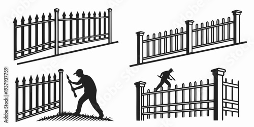 Four individuals climbing over a fence in a sequence of illustrations Vector
