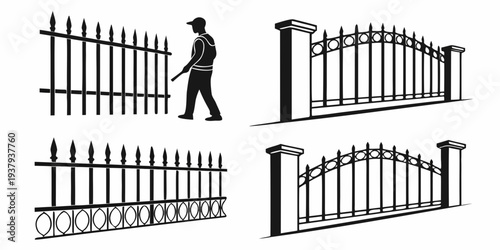 A man walking past various types of fences and gates in a row Vector