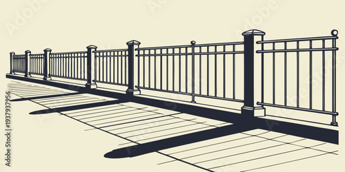 A long fence stretches across a vast, open field under a clear blue sky. Vector