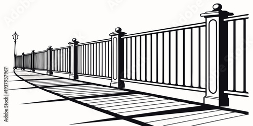 A long row of black metal gates with pointed tops and a brick pathway leading up to them Vector