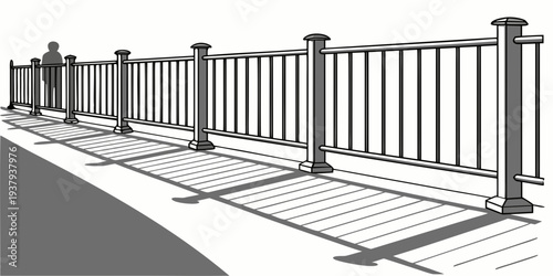 A series of metal railings and fences along a sidewalk in an urban setting. Vector