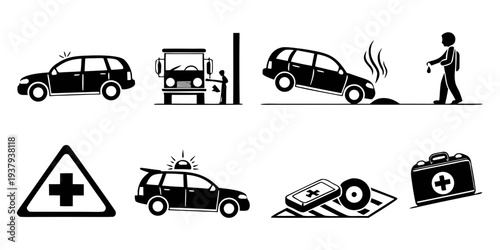 Sequence of events from a car accident to emergency response and investigation Vector