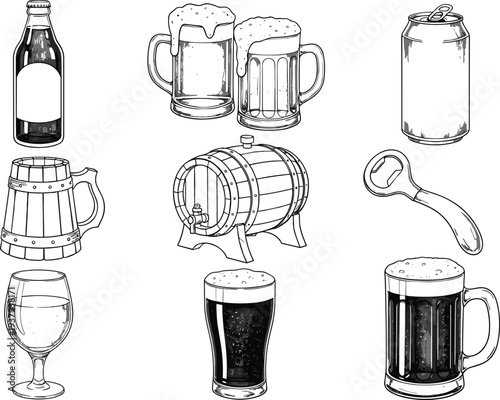 Collection of eight unique black and white vector illustrations featuring various beer mug designs with thick frothy foam and bubbles.