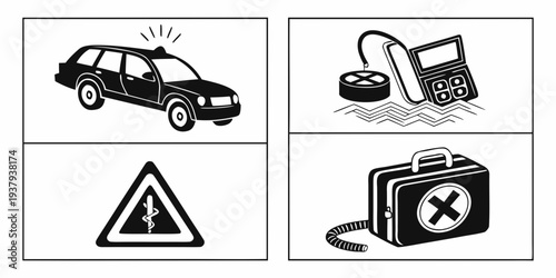Symbols indicating a dangerous curve, a car crash, a broken calculator, and a prohibited suitcase Vector