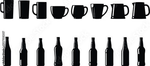 Detailed vector illustration of an India Pale Ale beer bottle alongside seven solid black silhouettes of bottles for product branding.