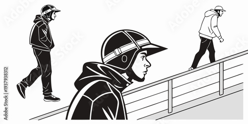 Three individuals walking along a bridge with one carrying a large backpack. Vector