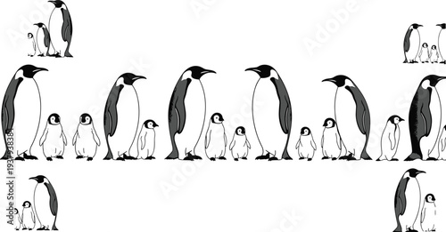 Penguin family silhouette collection with emperor penguins and chicks isolated on white background for wildlife, arctic nature, and animal parenting design elements.