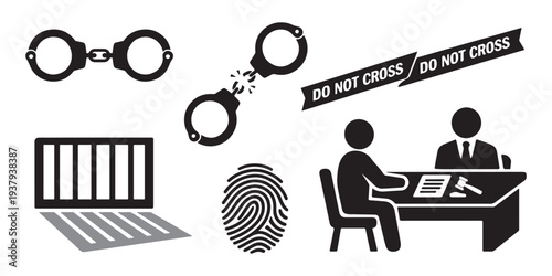 Law Enforcement Crime Investigation Icon Set Vector – Handcuffs Fingerprint Jail Court Interrogation Do Not Cross Police Symbols
