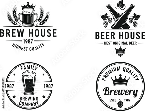 Collection of vintage brewery and brewhouse logo badges featuring beer mugs, crossed bottles, crowns, and hops in vector silhouette style.