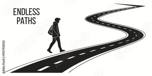 A person walking on a winding path towards an uncertain future Vector