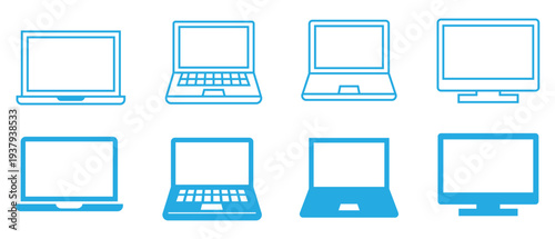 Set of blue laptops and monitors in flat design vector illustration