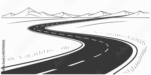 A winding road stretches through a mountainous landscape with a clear blue sky. Vector