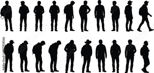 Walking people silhouette repeated pattern, casual posture vector illustration, backpack figure design, everyday movement artwork, human pose drawing, lifestyle culture art