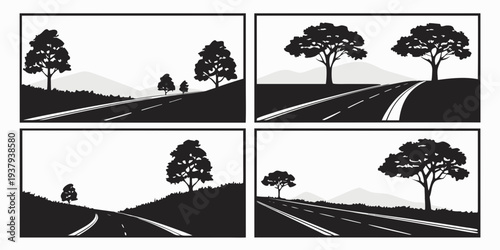 Four panels depicting a tree's growth and a person's journey across a landscape. Vector