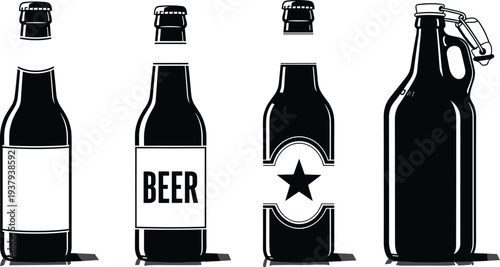 Minimalist black and white vector silhouettes of assorted craft beer bottles and a growler for brewery branding and design.