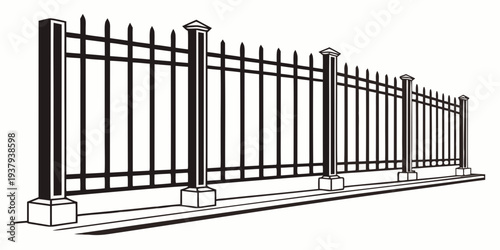 A large black metal gate with intricate designs and a walkway on the right side. Vector