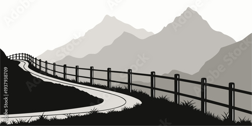 A winding path through a mountainous landscape with a wooden fence Vector