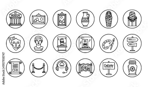 Art gallery and museum outline icons collection with paintings artifacts mummy and exhibition symbols
