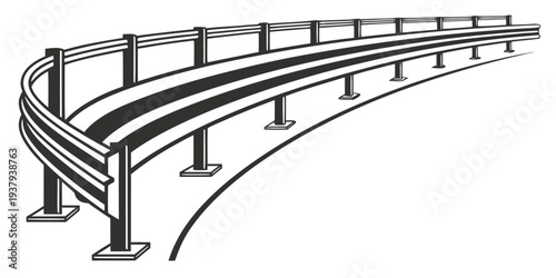 A detailed illustration of a curved steel bridge structure with multiple arches Vector