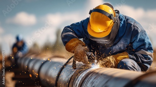 Skilled welder in protective gear meticulously joins large industrial pipeline sections outdoors