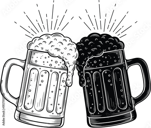 Detailed black and white vector illustration of two clinking beer mugs with splashing foam and vintage sunburst background elements.