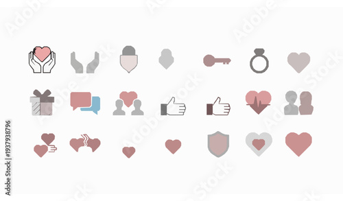 Heart love line icons pack with romantic relationship and social media symbols outline vector set