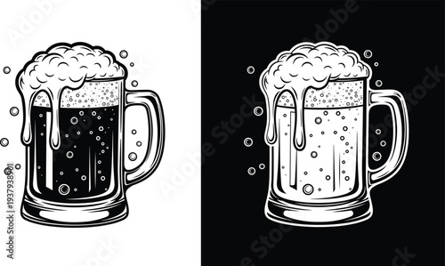 High contrast black and white vector illustrations showcasing a detailed frothy beer mug in both positive and negative space.