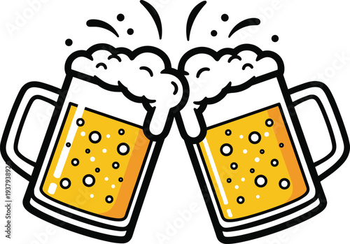 Colorful flat line art vector illustration of two clinking golden beer mugs with splashing foam for lively party designs.
