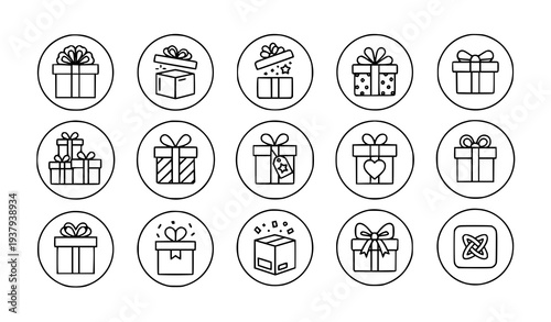 Gift present outline icons collection with birthday box ribbon bow and surprise package symbols