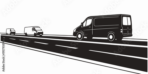 A black van and a car are parked on a bridge with a barrier. Vector